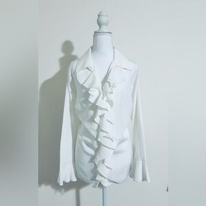Roaman's White Long Sleeve Ruffled Blouse